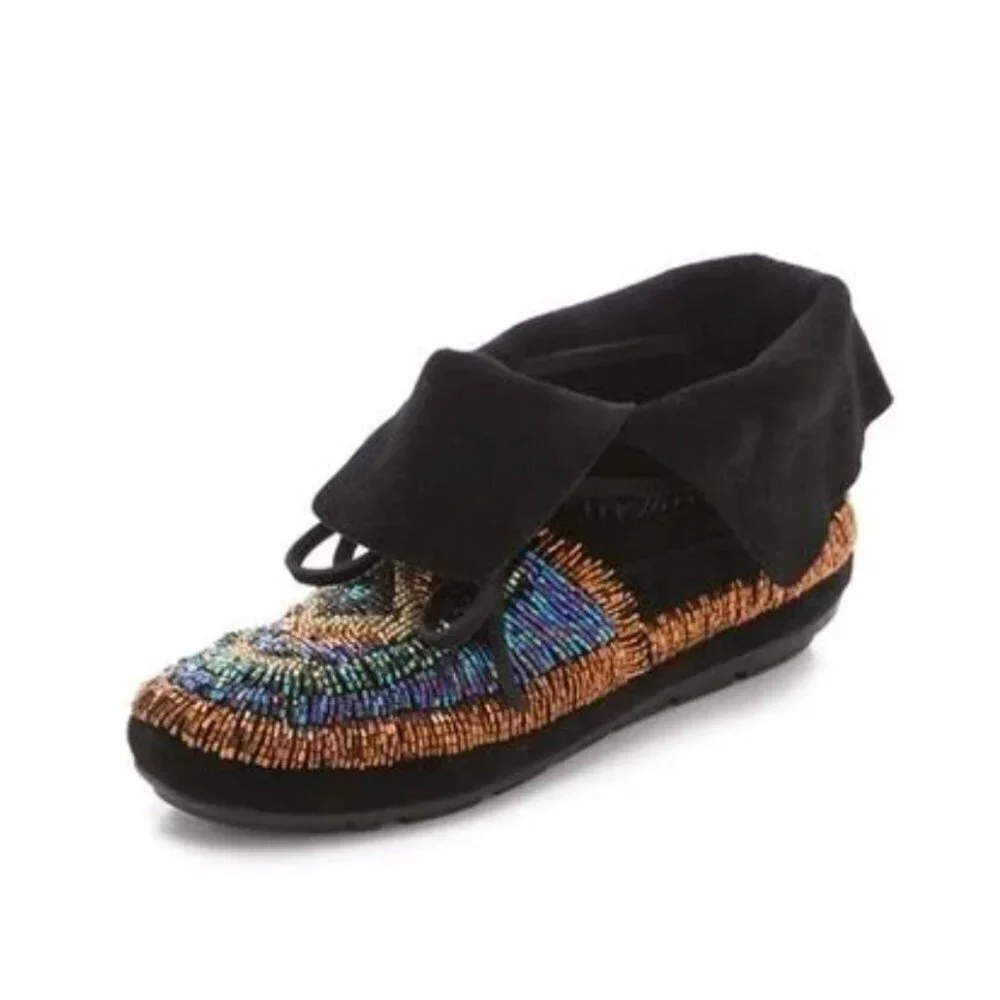 House of Harlow 1960 Beaded Suede Lace-Up Moccasin Boots Black Gold Boho Festiva